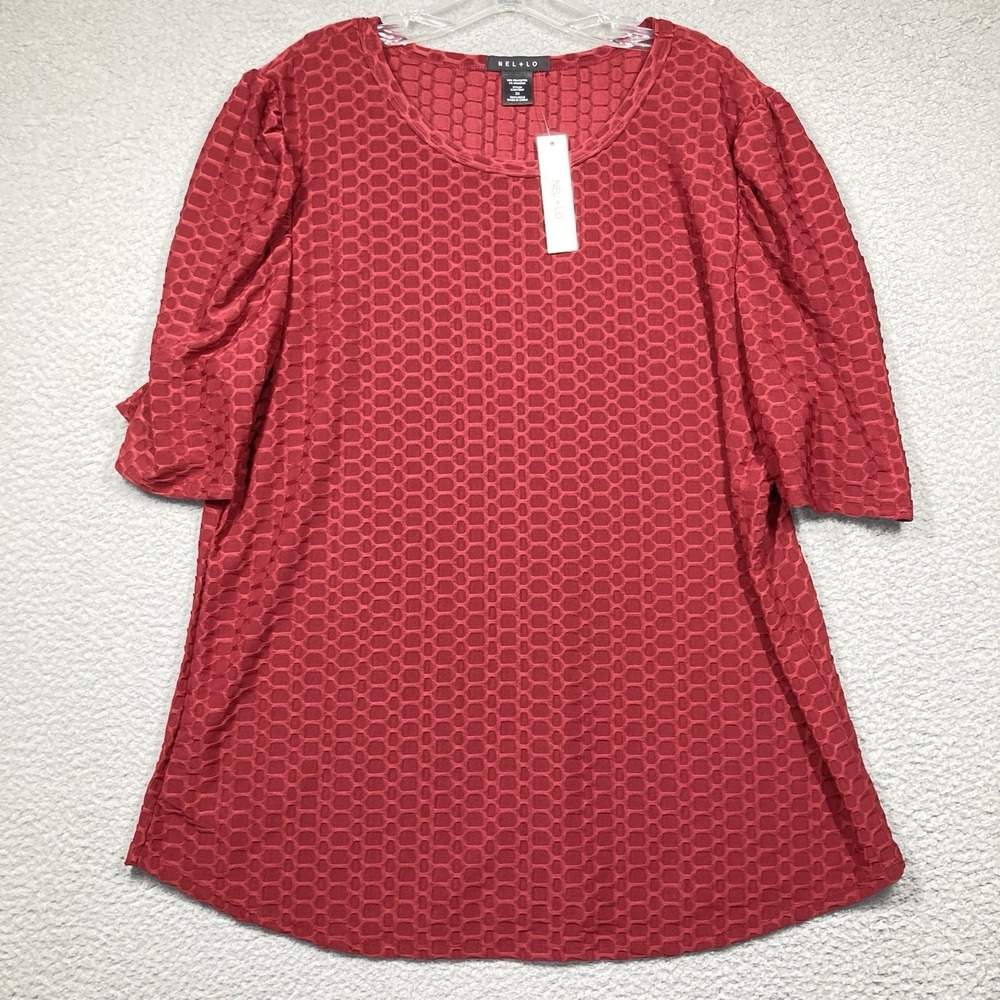NEL + LO Textured Honeycomb Top Women 2X NEW Burgundy Red Elbow Sleeve Scoop